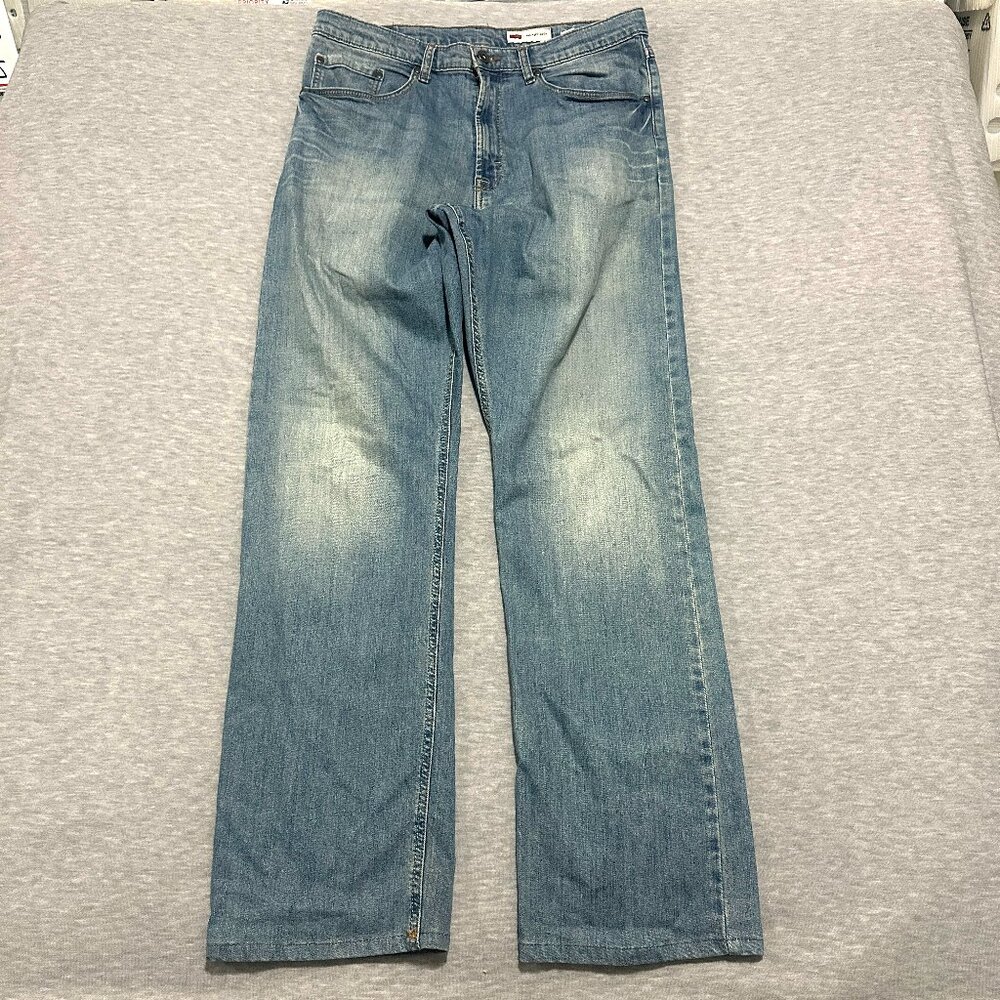Wrangler Relaxed Boot Denim Blue Jeans Mens 34x32 ( 34x34 Tag) Distressed Cotton